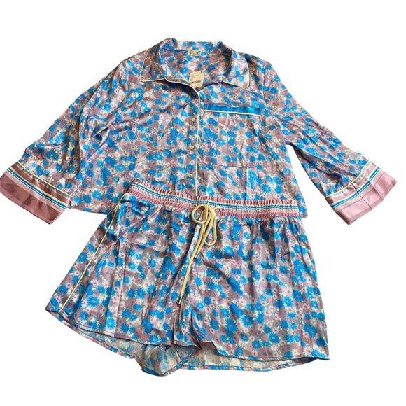 Free People M Pillow Talk Satin Pajama Set Lilac Blue Floral Print Silky New - Picture 2 of 13